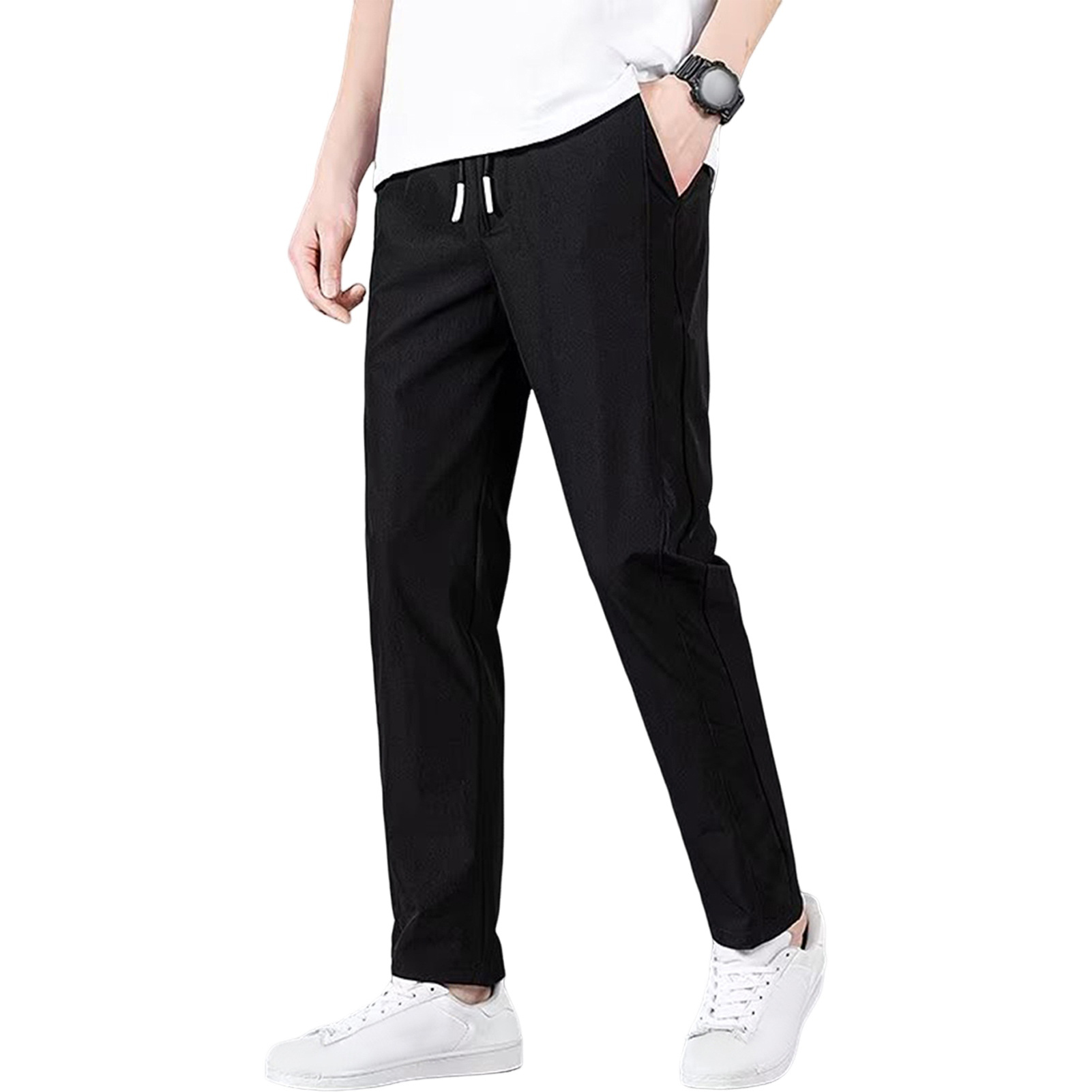 UHH Drawstring Adjustment Trousers Men Ice Silk Pants Men's Ice Silk Jogger Pants Slim Fit Quick-dry Sweatpants with Elastic Waist Drawstring Side Pockets Lightweight Gym Training Casual Wear - 2