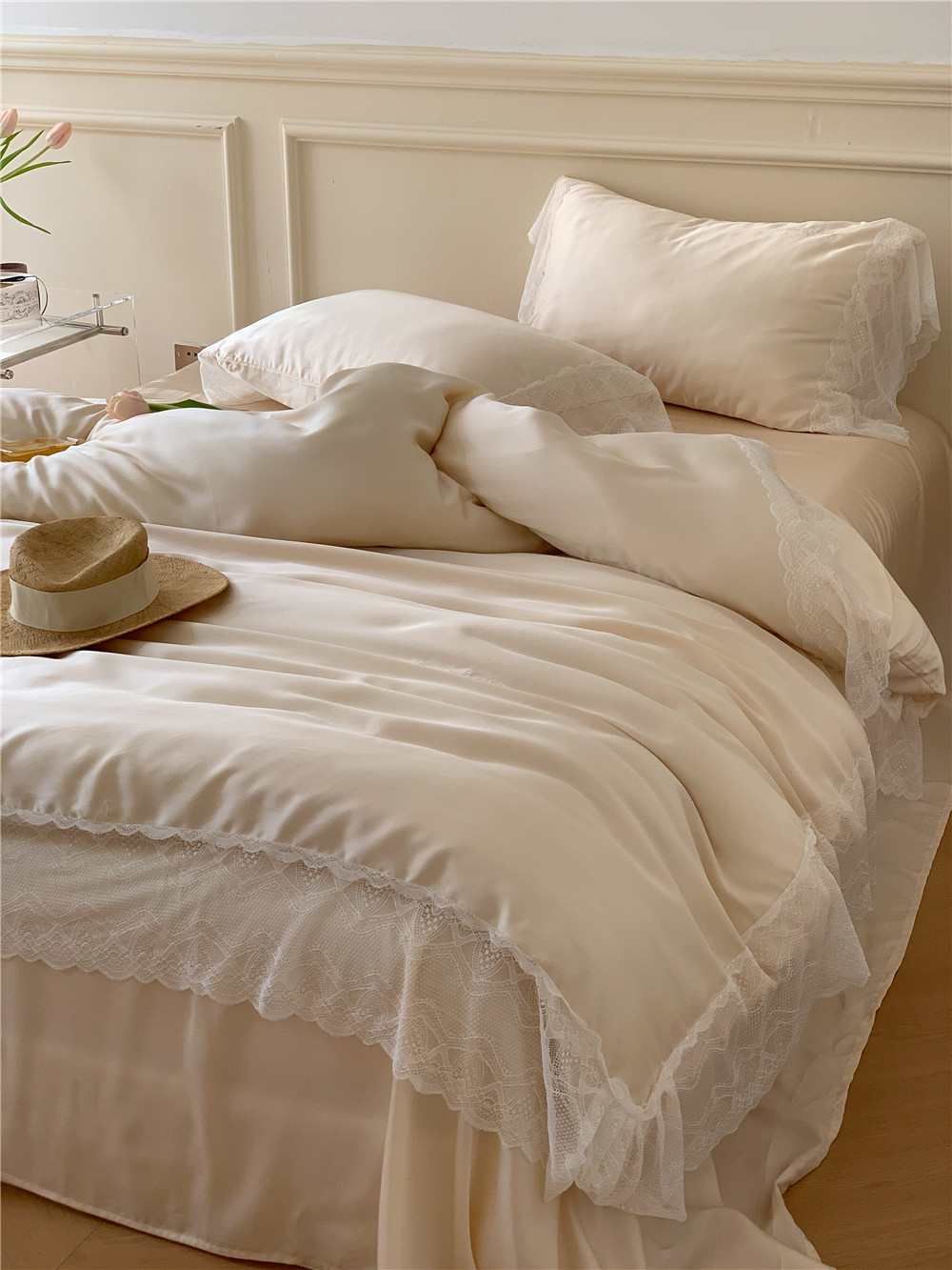 French Entry Lux Little Lady 60 Tencel Dört Parça Set Summer Cool Feeling Silky Sleep Naked Ice İpek Yorgan Kılıfı Yatak Örtüsü Yatak Örtüsü