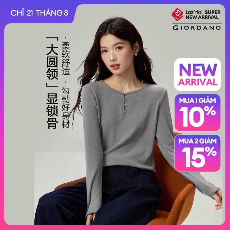 GIORDANO Women T-Shirts Wide Round Neck Slim Fit Rib Tee Long Sleeve Fashionable Casual T-Shirts 05326787
