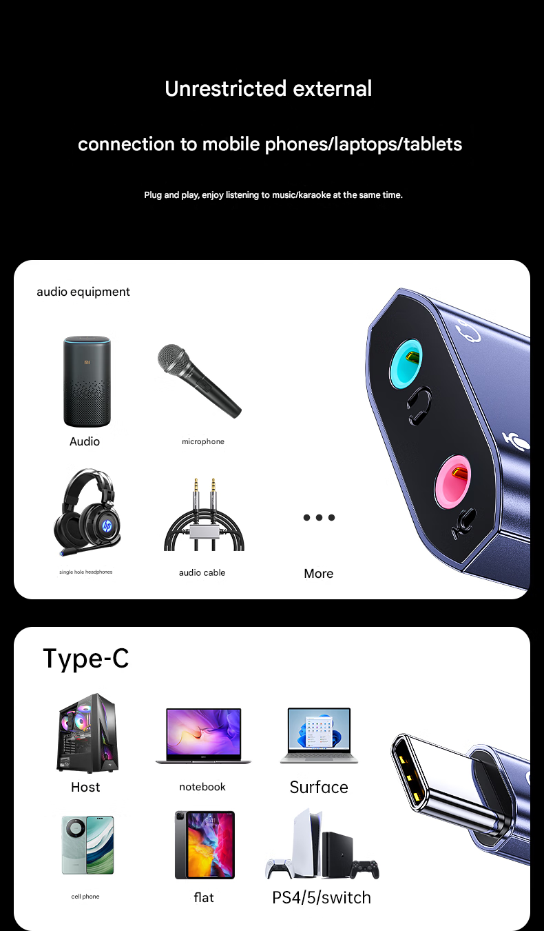 Biaze USB-C External Sound Card 3.5mm Adapter 1 <strong>Product Specifications</strong> Brand: Biaze Model: Y115 Interfaces: Type-C, 3.5mm audio port, 3.5mm microphone port Chip: Lingtong 8102 Materials: TPE + Aluminum Alloy