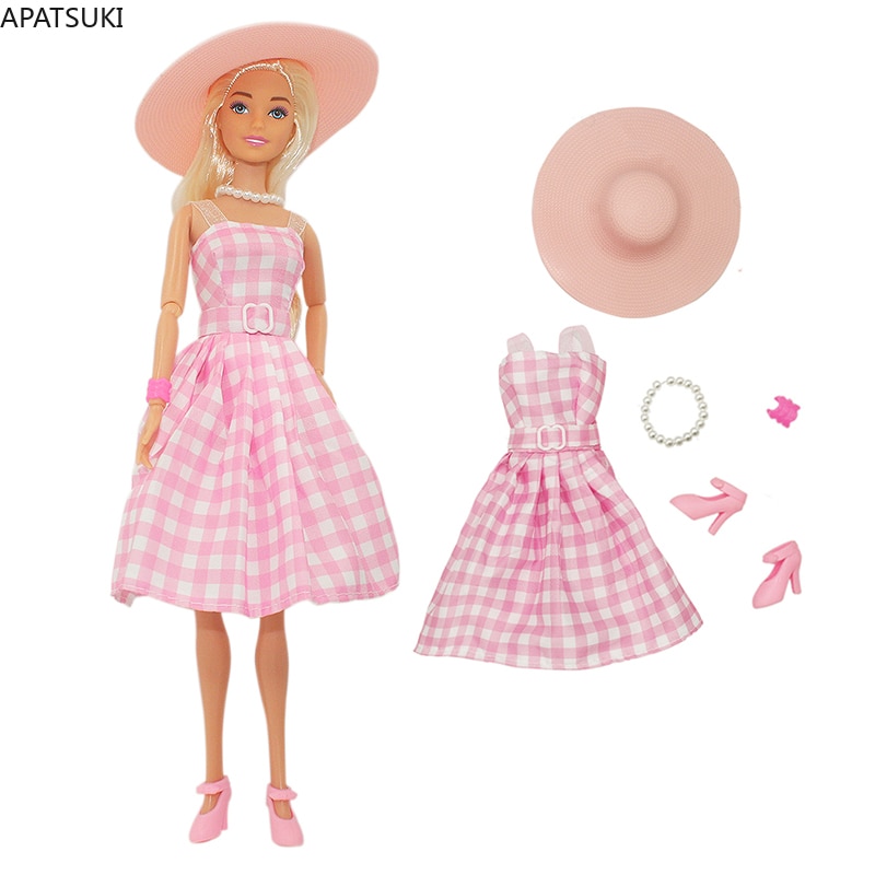 Movie Light Pink Clothes Set for Barbie Doll Sleeveless Plaid Dress Hat