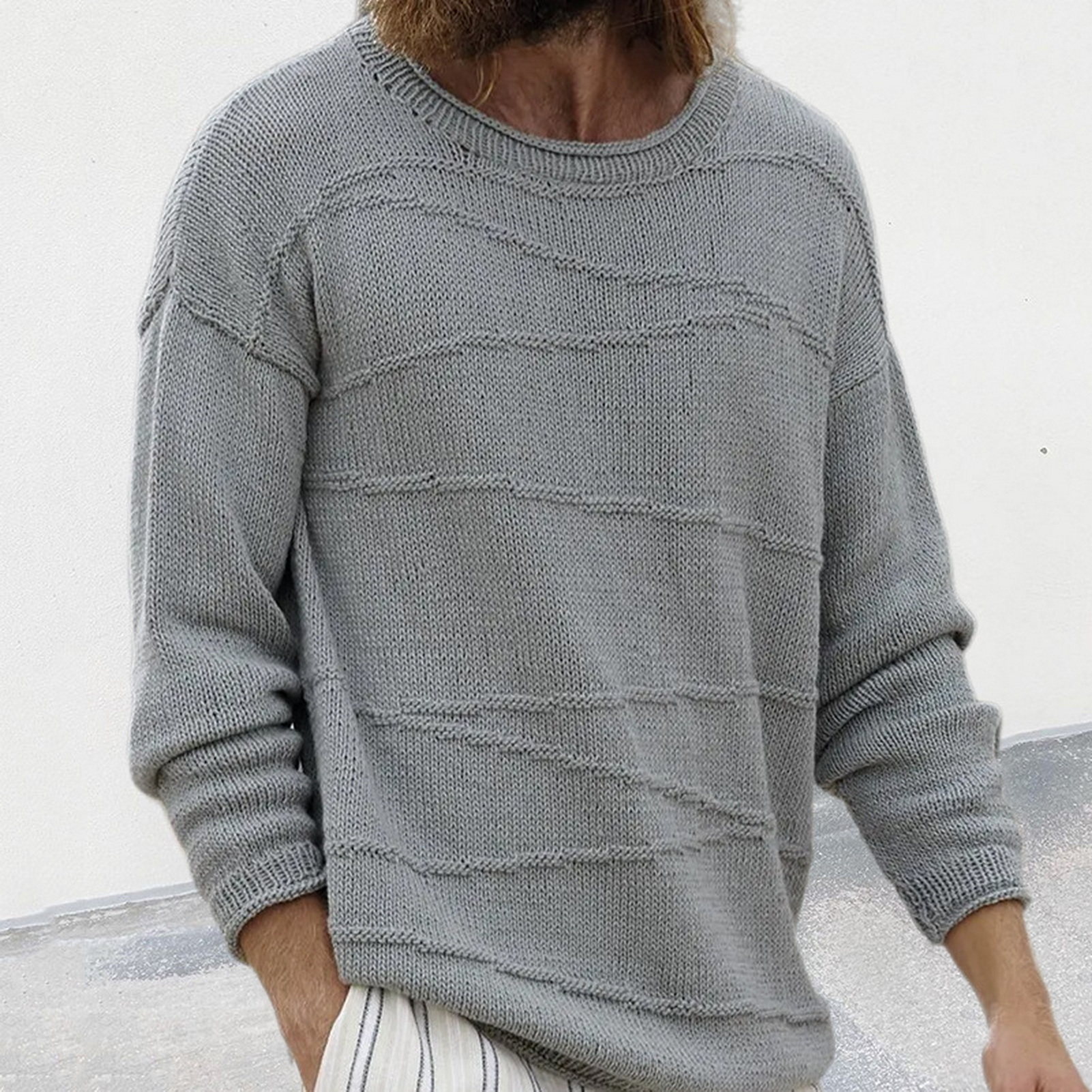 Men Solid Color Sweater Ribbed Cuff Sweater Cozy Men's Winter Sweater Loose Fit Ribbed Cuffs and O-neck Design Perfect771_voghion.com