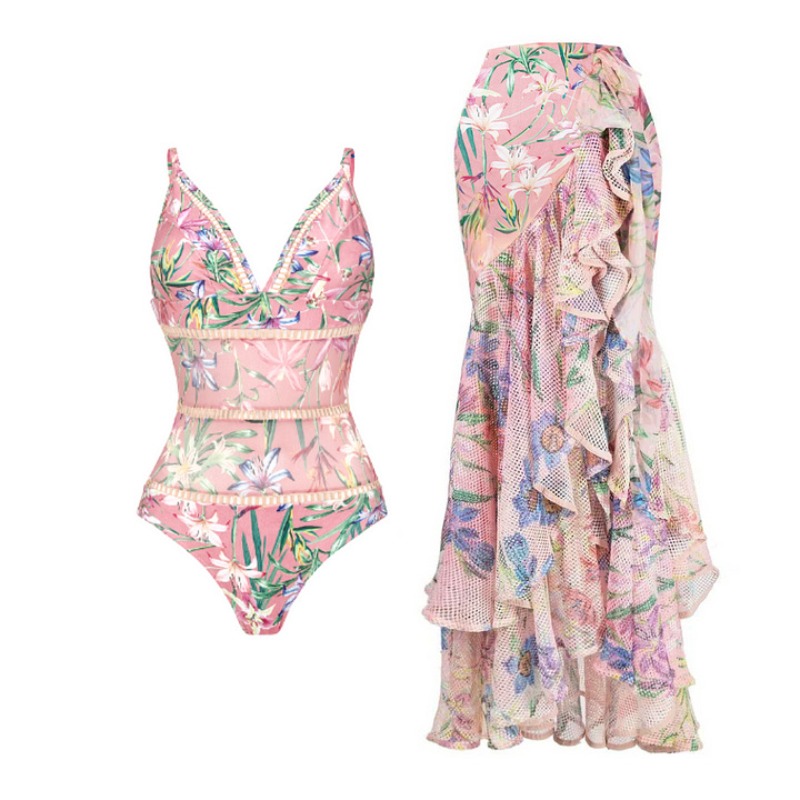 European and American New One Piece Swimwear V-Neck Mesh Panel Printed Swimwear Set for Women
