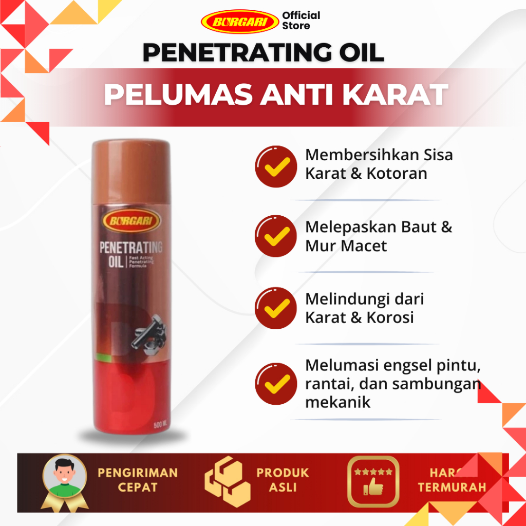Burgari penetrating oil 500 ml | multi-function car and motorcycle lubricant prevent rust lubricate gear hinge | chain stainless lubricating fluid, door hinges, windows and glass Harga 33,000 rupiah*Gratis Ongkir