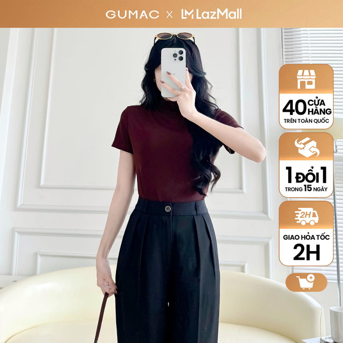 Áo thun nữ kiểu cổ lọ dáng ôm slimfit tay ngắn chất thun gân co giãn thời trang GUMAC LATE1111