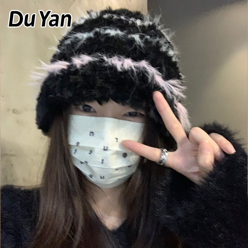Du Yan Fluffy Striped Winter Hat for Women, Cute Korean-Style Beanie with Warm Ear Protection, Perfect for Streetwear and Big Heads ราคา 179 บาท*ส่งฟรี