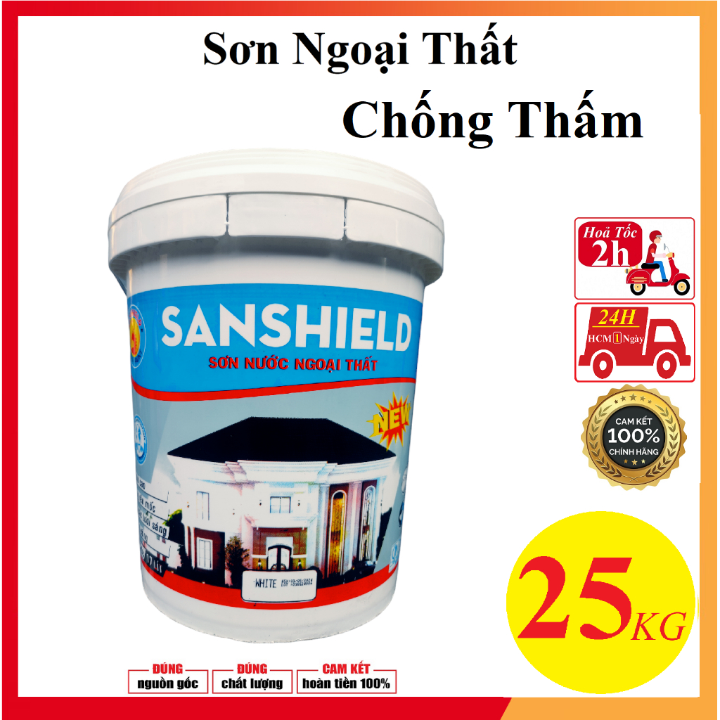 25kg Sơn nước SanShield NEW ngoài trời chống thấm láng mịn trang trí nhà cửa decor ngoại thất nhà