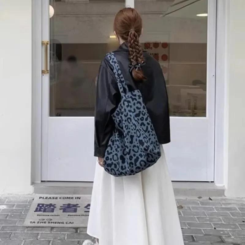 Ono Leopard Print Alphabet Shoulder Portable Canvas Bag Large Capacity Bucket Bag Women Go Out Commuting
