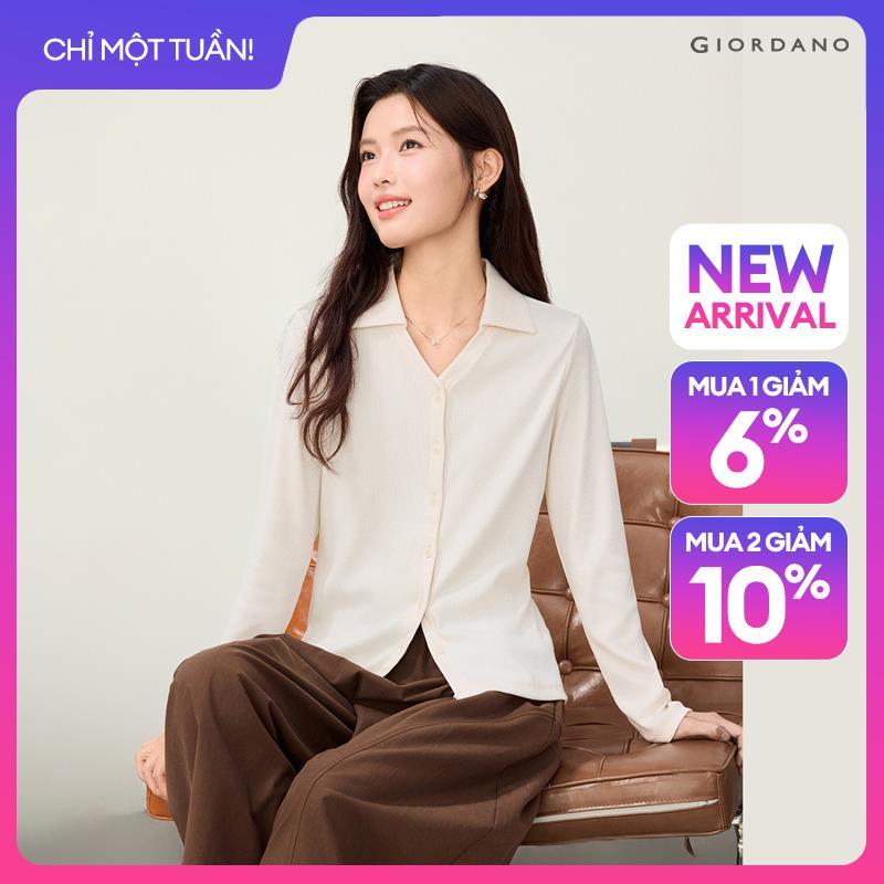 GIORDANO Women Polo Shirts Skipper Collar Slim Polo Shirts Long Sleeve Button Placket Fashionable Casual Polo Shirts 13316603