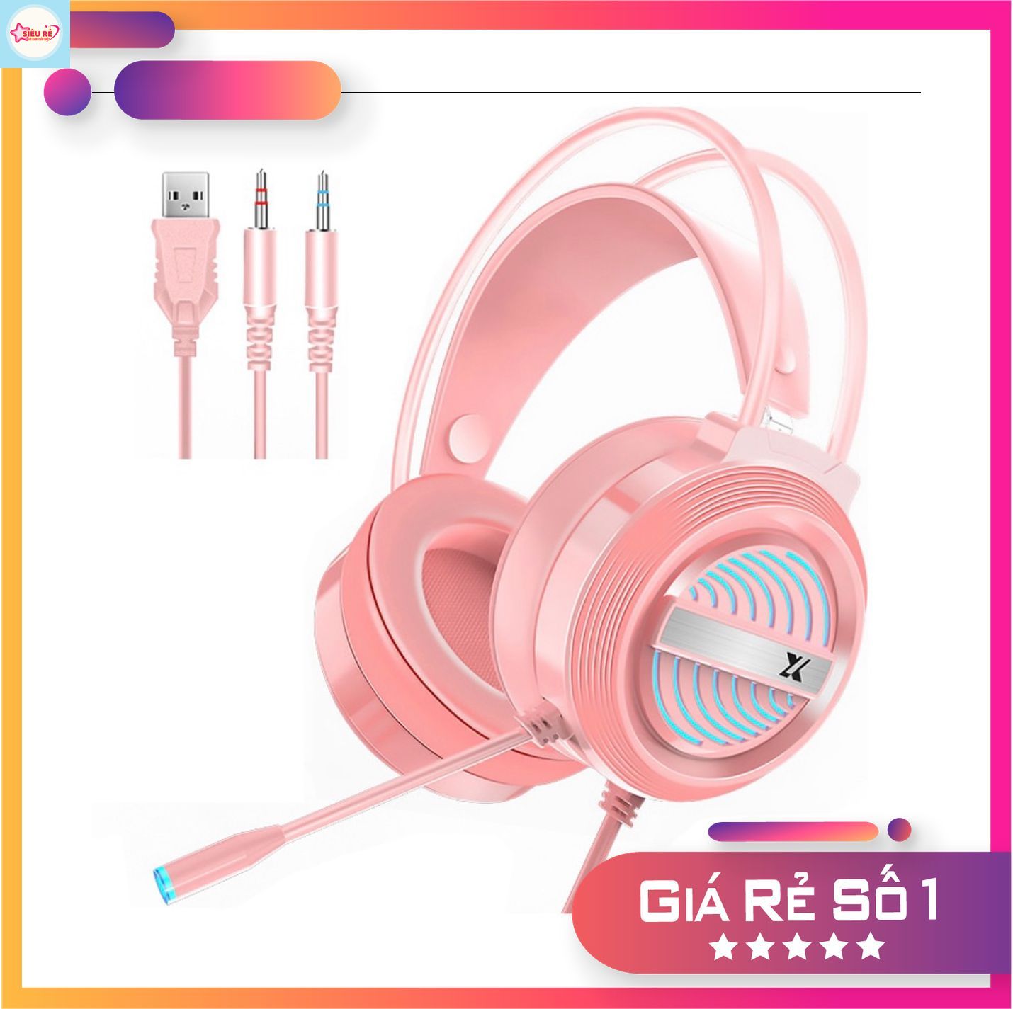 Tai Nghe XL màu hồng jack cắm 3.5+usb Chụp tai Chơi Game Có Mic Dành Cho Điện Thoại Di Động có dây L