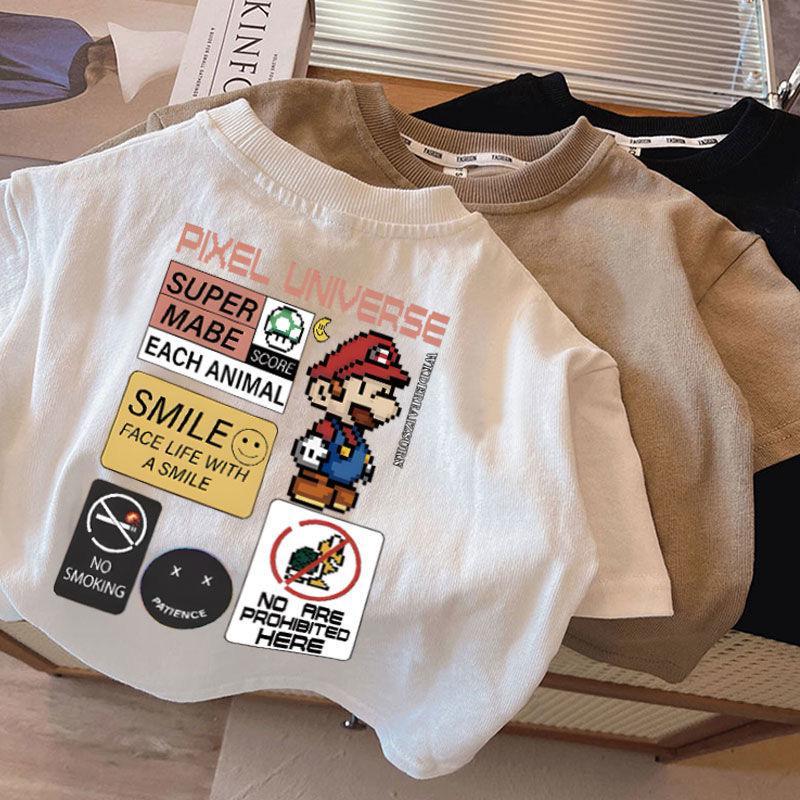 Áo thun bé trai ngắn tay áo thun cotton mùa hè trẻ em đẹp trai áo in hình Hàn Quốc mùa hè