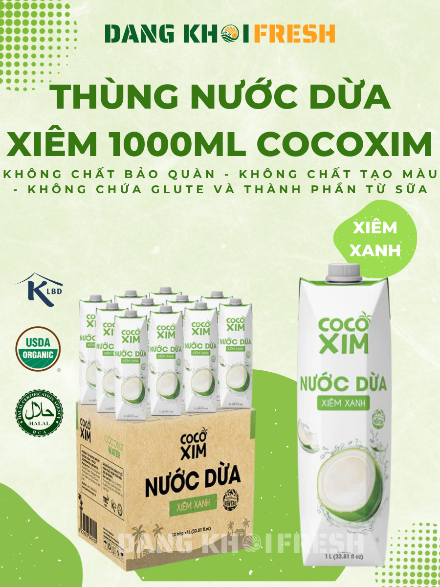 THÙNG 12 Hộp Nước Dừa COCOXIM 1000ml Vị Xiêm Xanh Coconut Nguyên Chất Dừa Tươi Không GMO Cholesterol