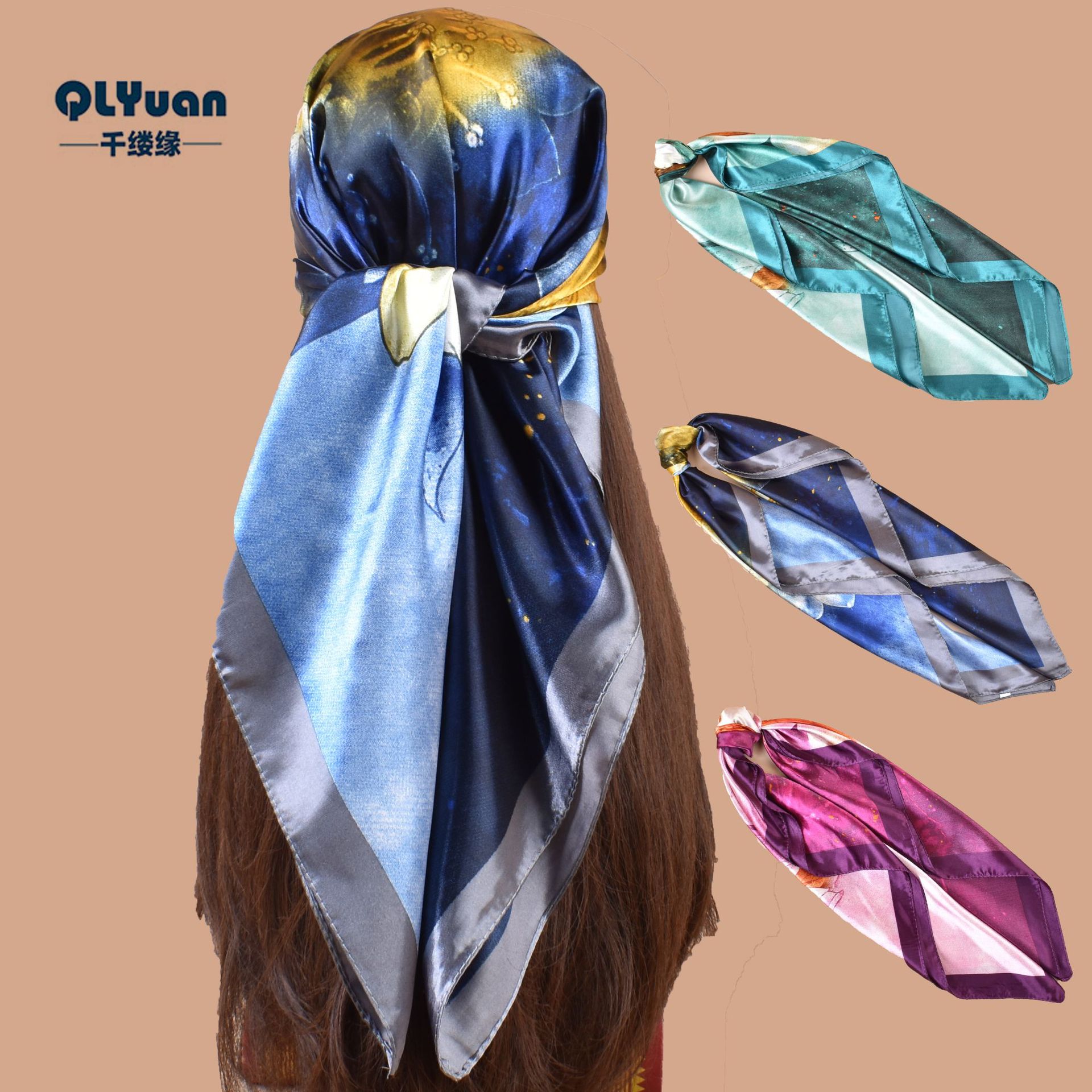 202490 Satin Flower Printed Large Square Scarf With Sun Protection, Scarf Scarf Decoration 【JAN】