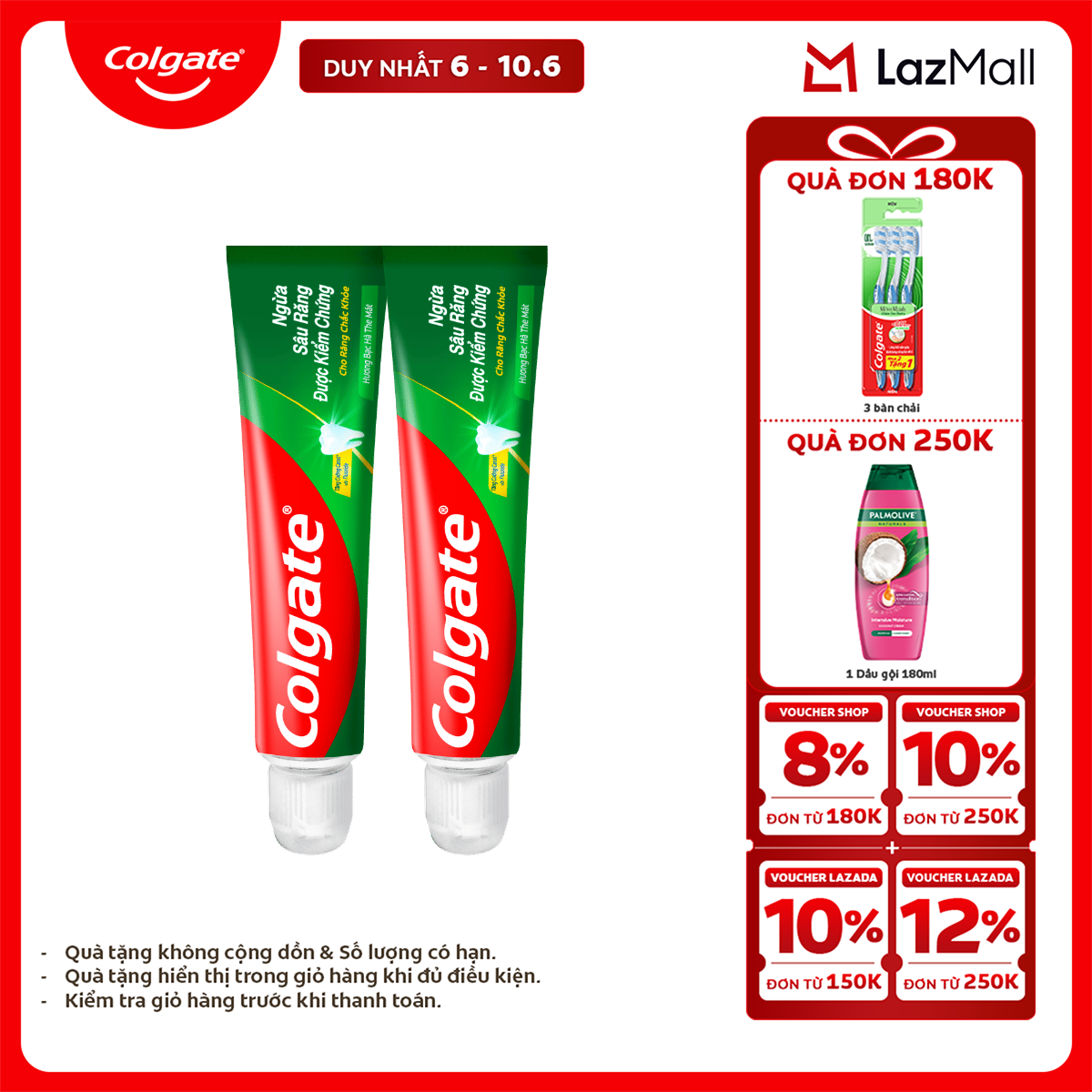 [Chỉ 6-10.6_X2 Voucher giảm 22%] [Travel Size] Bộ 2 Kem đánh răng Colgate ngừa sâu răng răng chắc khỏe 45g/tuýp