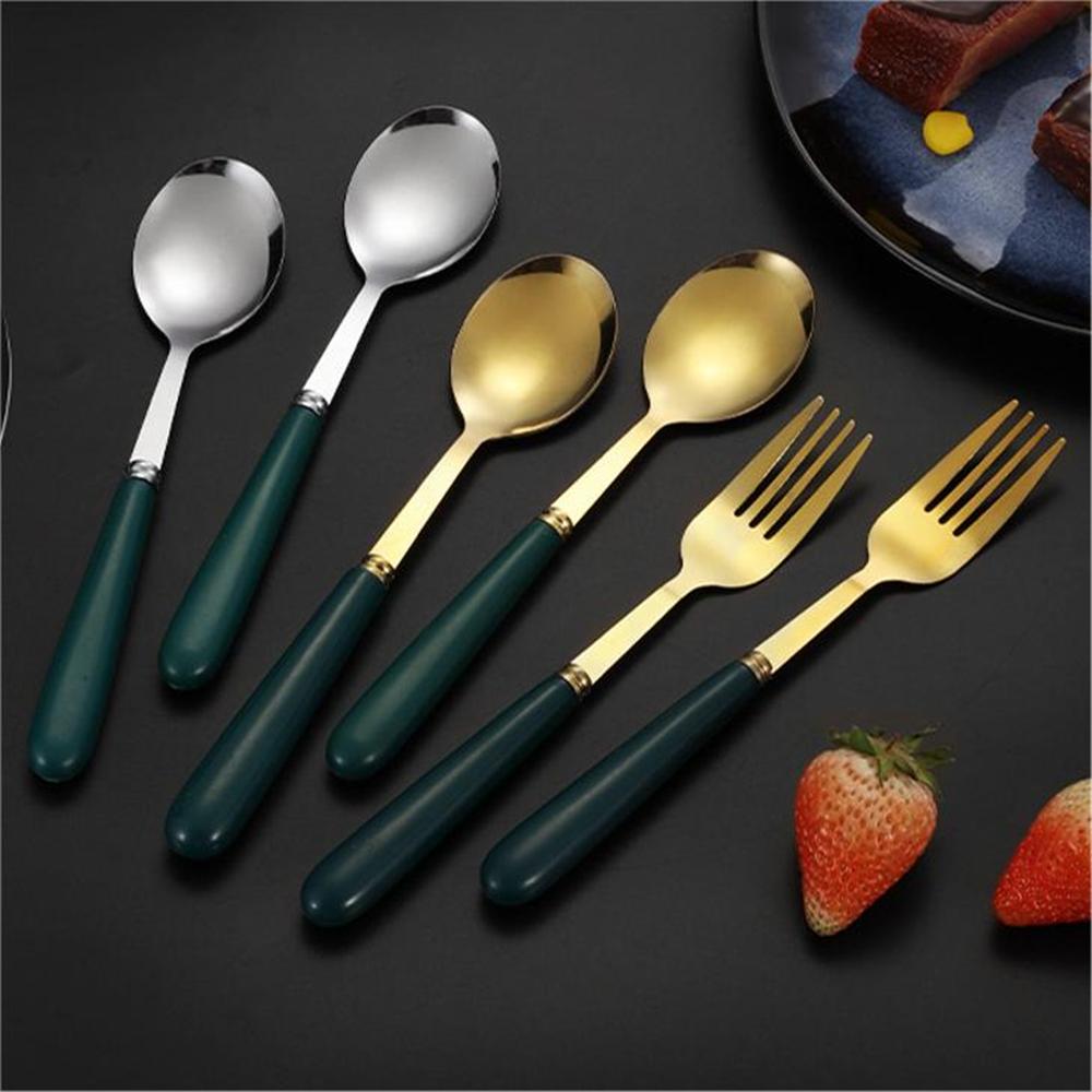 Stainless Steel Western Tableware Fork Spoon Suit Household Dessert Spoon Fruit Fork Dark Green Thick Steel Handle Spoon Kitchenware ราคา 4 บาท*ส่งฟรี