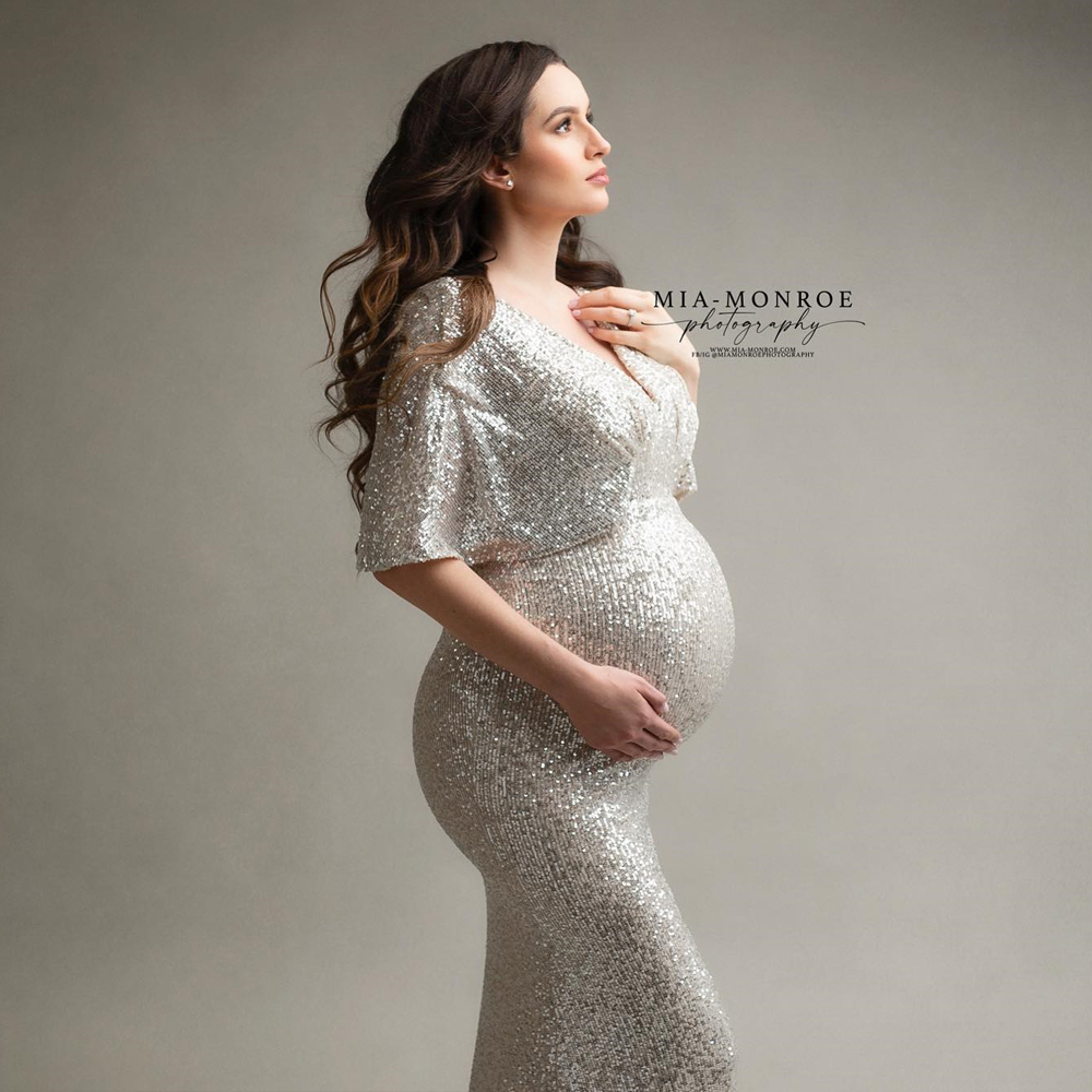 [beigz] Silver Sequin Maternity Dress for Photo Shoot Plus Size Maternity Gown Baby Shower Dress Pregnant Woman Photography Dress