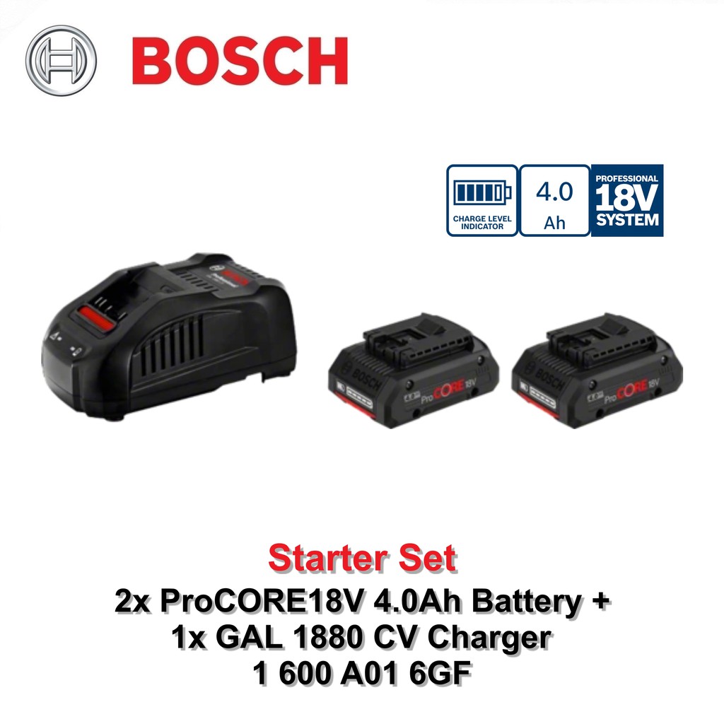 Bosch Starter Set 2X Procore 18V 4.0Ah Batteries + 1X Charger Gal1880Cv Harga 3,335,000 rupiah*Gratis Ongkir