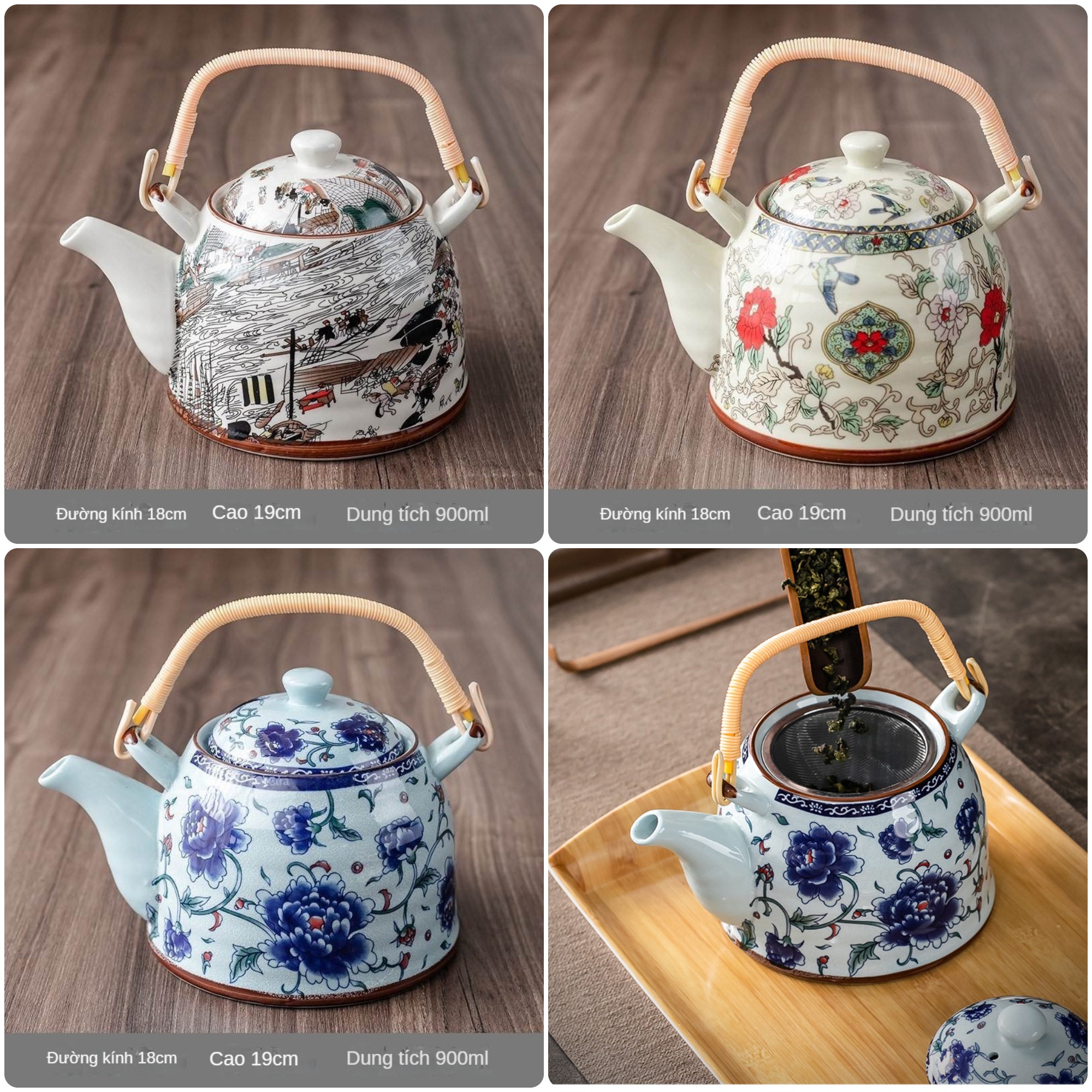 Ấm trà sứ ấm làm mát dung tích lớn gốm sứ ấm lạnh sứ trắng xanh cỡ lớn ấm trà cầm chùm cổ điển ấm pha trà gia dụng