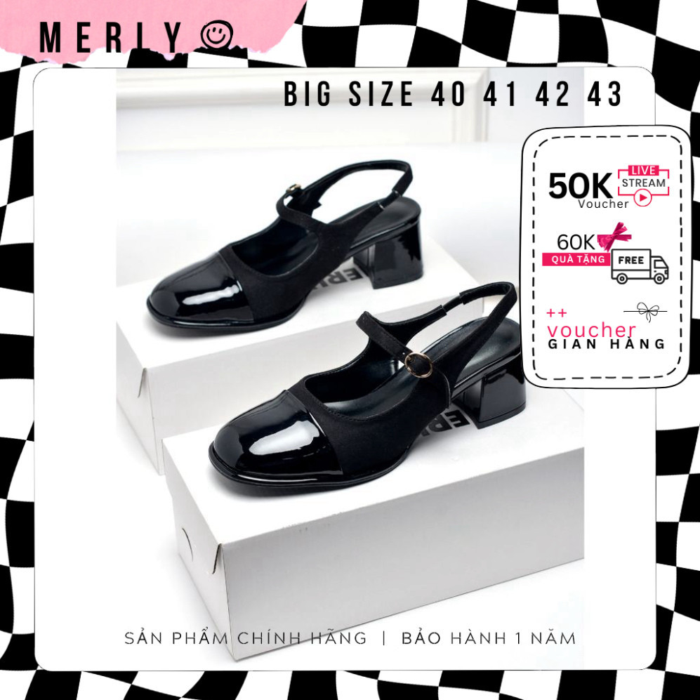 Giày Búp Bê Cao Gót Có Quai Ngang Đen Đế vuông 5cm Mary Jane 1537