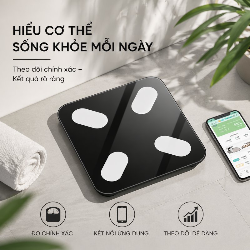 Cân sức khỏe điện tử thông minh đo mỡ cơ thể phân tích 18 chỉ số kết nối ứng dụng 4 điện cực kính cường lực sạc usb