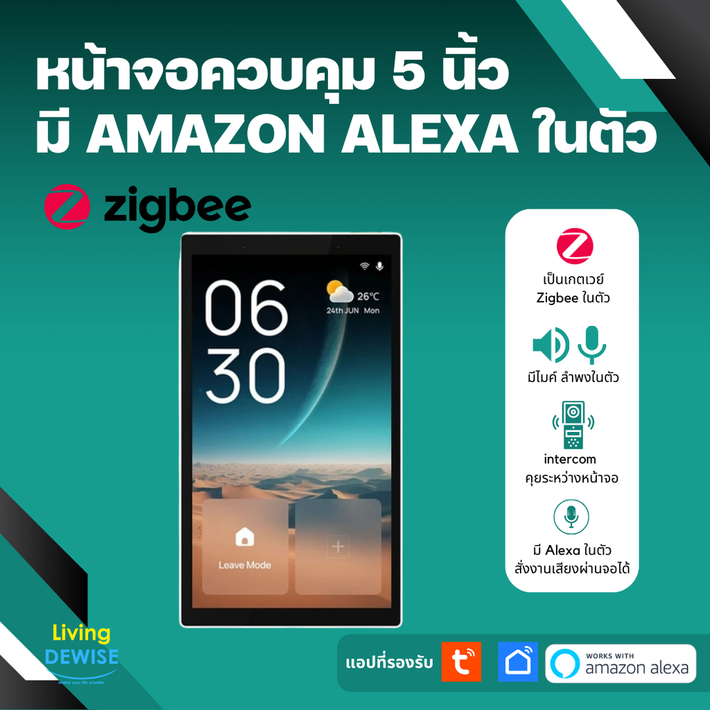 Tuya หน้าจอสัมผัส 5 นิ้ว สำหรับสั่งงานอุปกรณ์ ปุ่มหรือ Scene ต่างๆ มี Alexa และเกตเวย์ Zigbee ในตัว ราคา 4,620 บาท*ส่งฟรี
