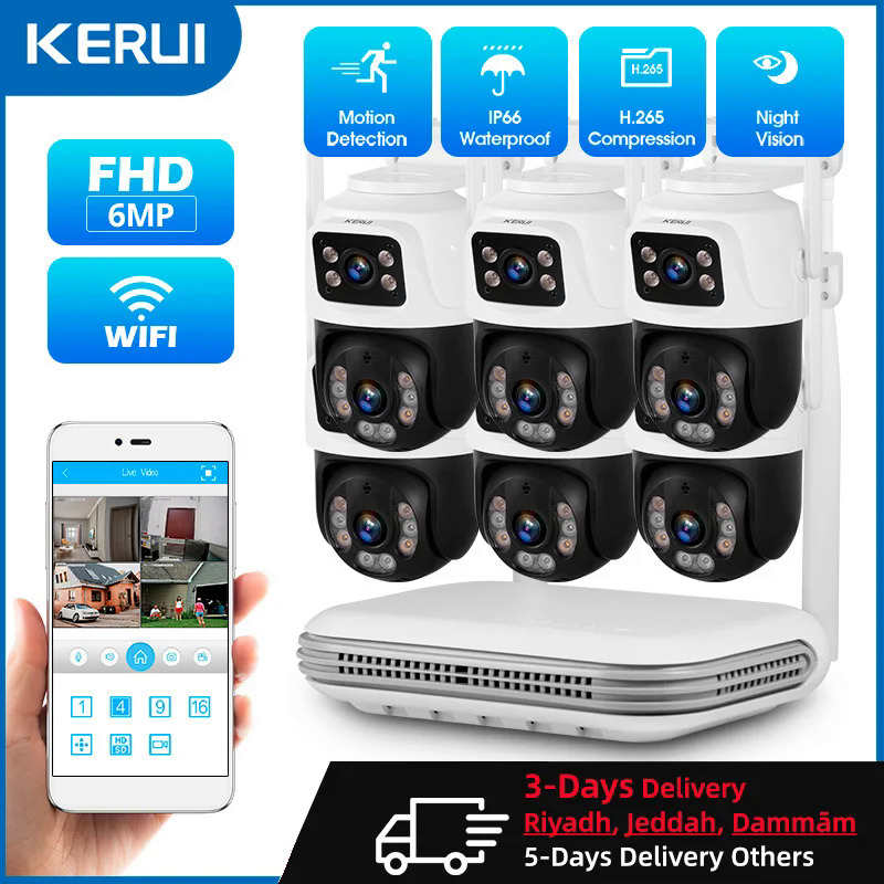 Kerui không thấm nước 6MP HD không dây ống kính kép PTZ WIFI IP nhà an ninh giám sát Hệ thống camera