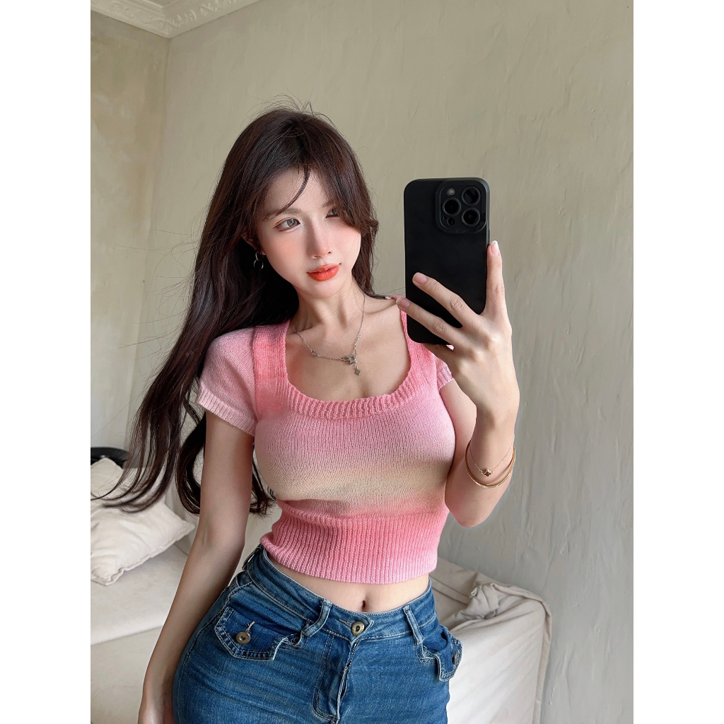 Áo dệt kim nữ ngắn tay áo len croptop dáng ngắn M48 D2-3.1 phong cách hotgirl hottrend cổ vuông dáng ôm nhiều màu nổi bật