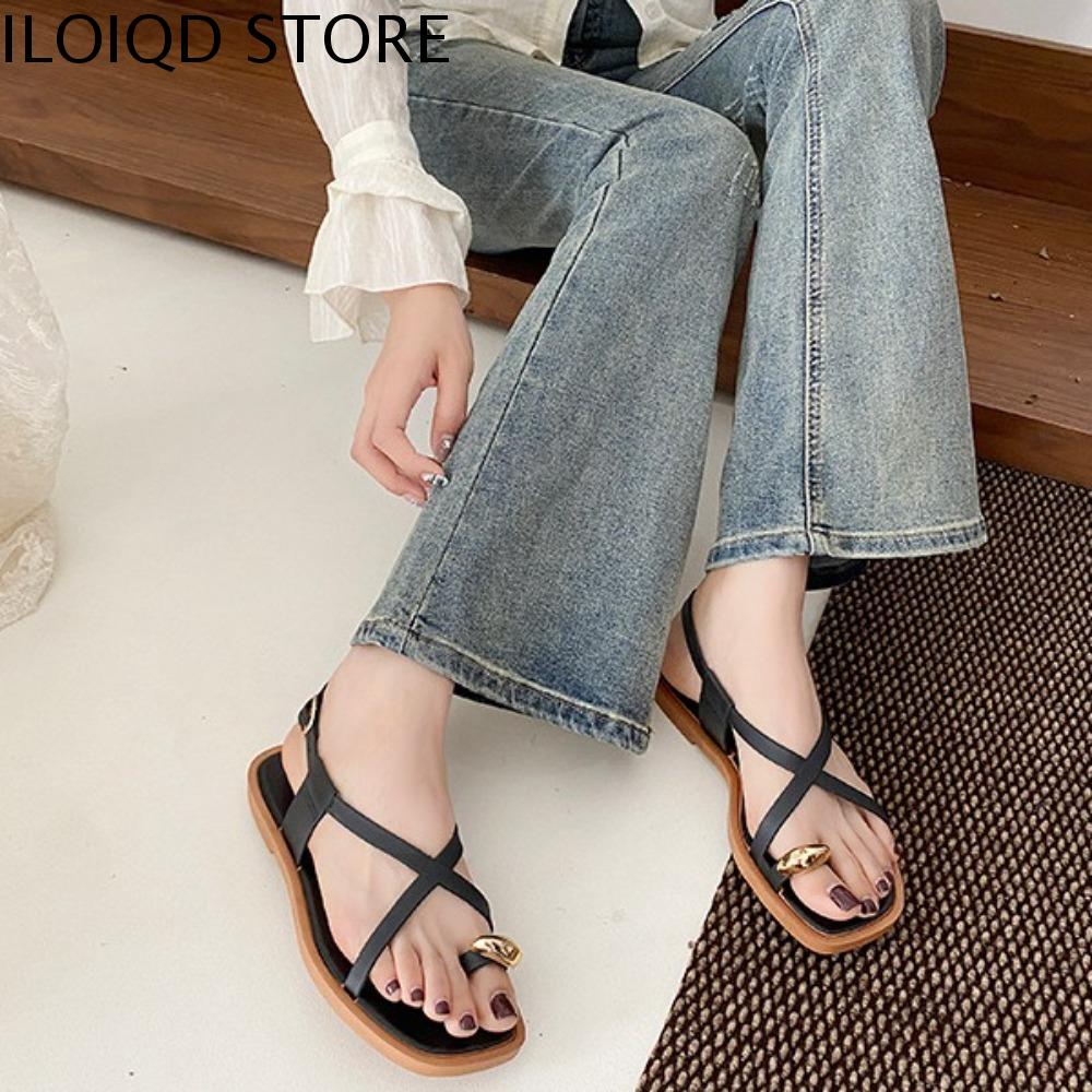 ILOIQD Chống trượt Dép xăng đan nữ đế bằng Chống mùi Kẹp ngón chân Dép xỏ ngón đế xuồng Sang trọng Khóa mắt cá chân Giày Dép lê Mùa hè