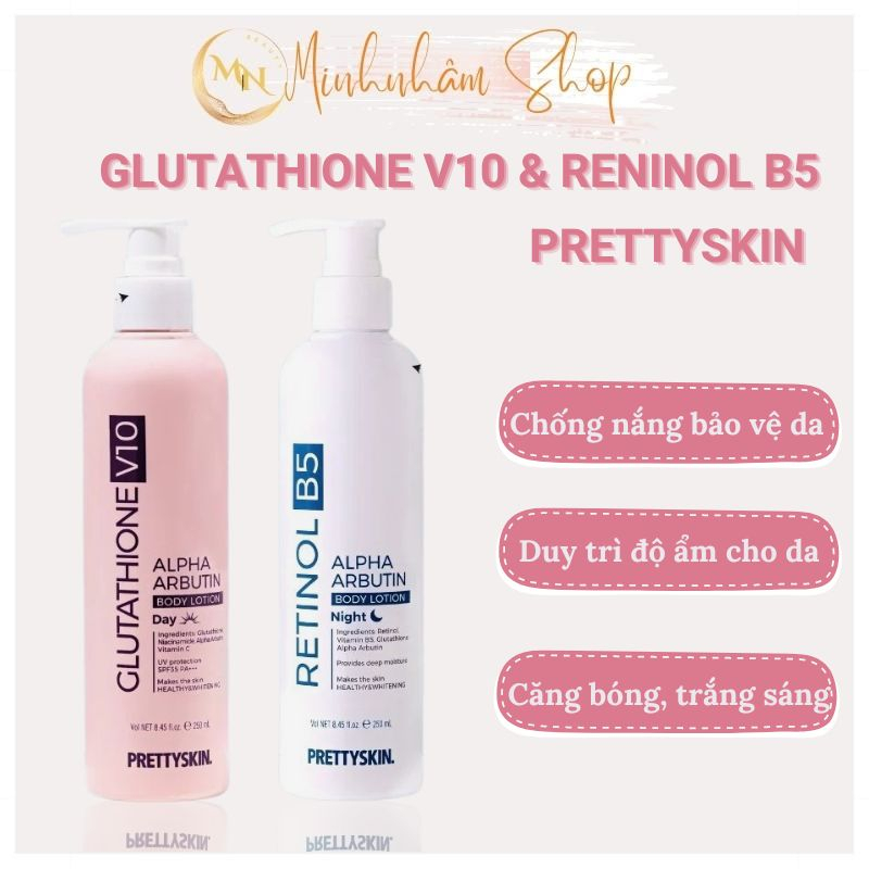 Kem Dưỡng Trắng Da Body Glutathione V10 Alpha Arbutin Body Lotion Prettyskin, Retinol B5 Pretty Skin