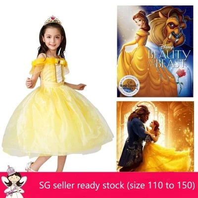 SG Seller Princess Belle Party Dress Costume Kids Children party costume short sleeved long dress cotton material