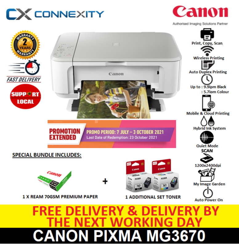 Canon Pixma MG3670 (White) + 1 Additional Set toner + Canon 70gsm Premium Paper l Inkjet Printers l All-in-One Printer l Pixma MG3670 l Multi Function Printer l Canon Inkjet Printer l AIO Printer l MG3670 Canon l Pixma MG3670 l 3670 Singapore
