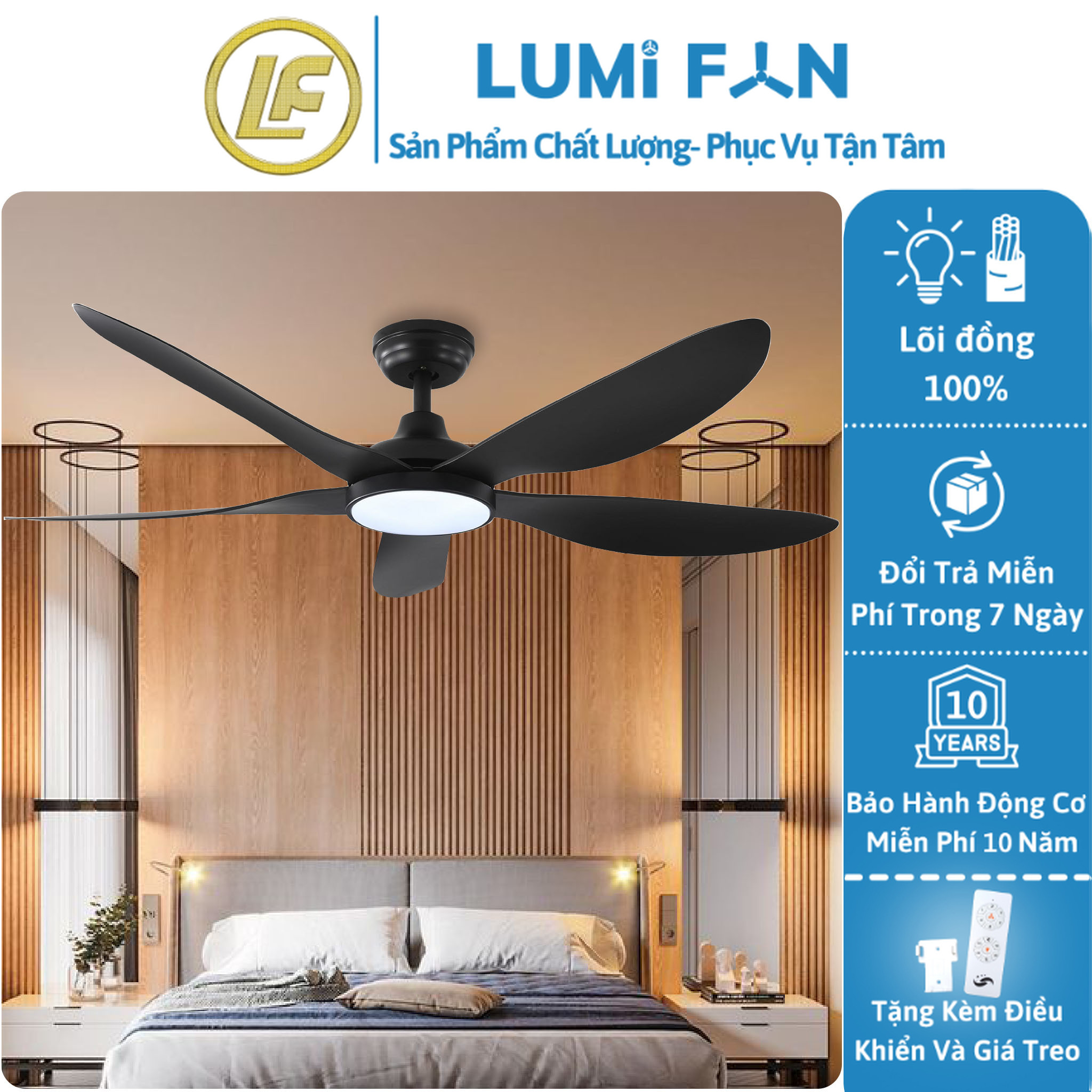 Quạt đèn trần trang trí lumifan, sải cánh 132cm, quạt trần đèn decor, quạt trần trang trí, bh 10 năm, mã 52yy-192 đen