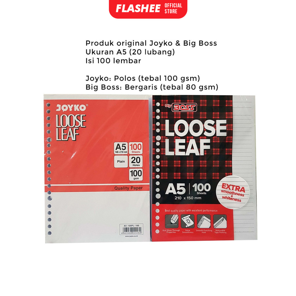 Flashee Loose Leaf A5 B5 Isi 50 Lembar Kertas Binder Kertas File A5 20 Ring B5 26 Ring Bergaris Polos Grid