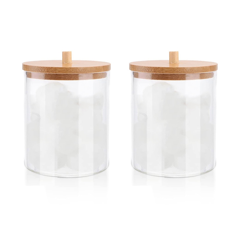 2 Pack Acrylic Holder Dispenser Bathroom Jars with Bamboo Lids, Cotton Ball Pad Round Swab Holder for Bathroom