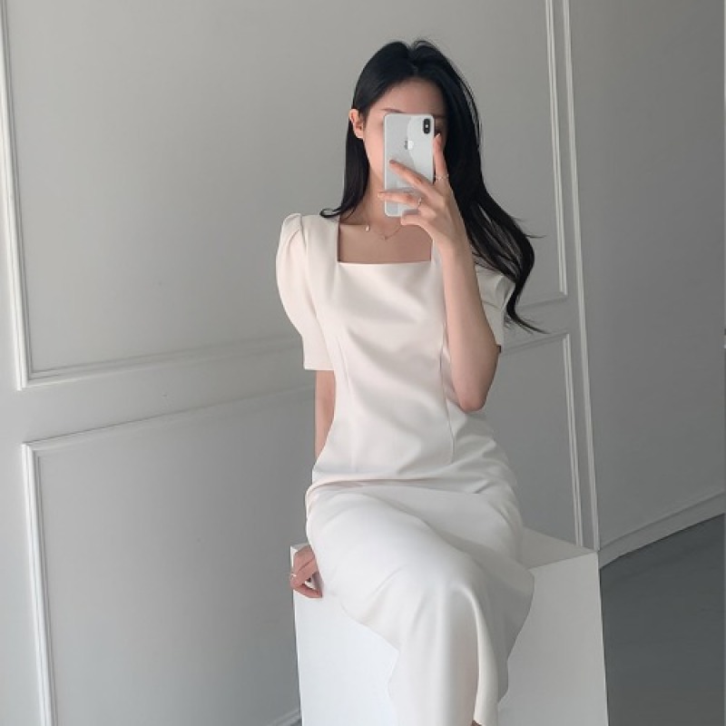 Hàn Quốc Chic Kiểu Pháp Tiểu Thư Tôn Dáng Cổ Áo Xếp Nếp Bó Eo Kiểu Lửng Khoét Sâu Tay Bồng Ôm Mông Đầm Nữ