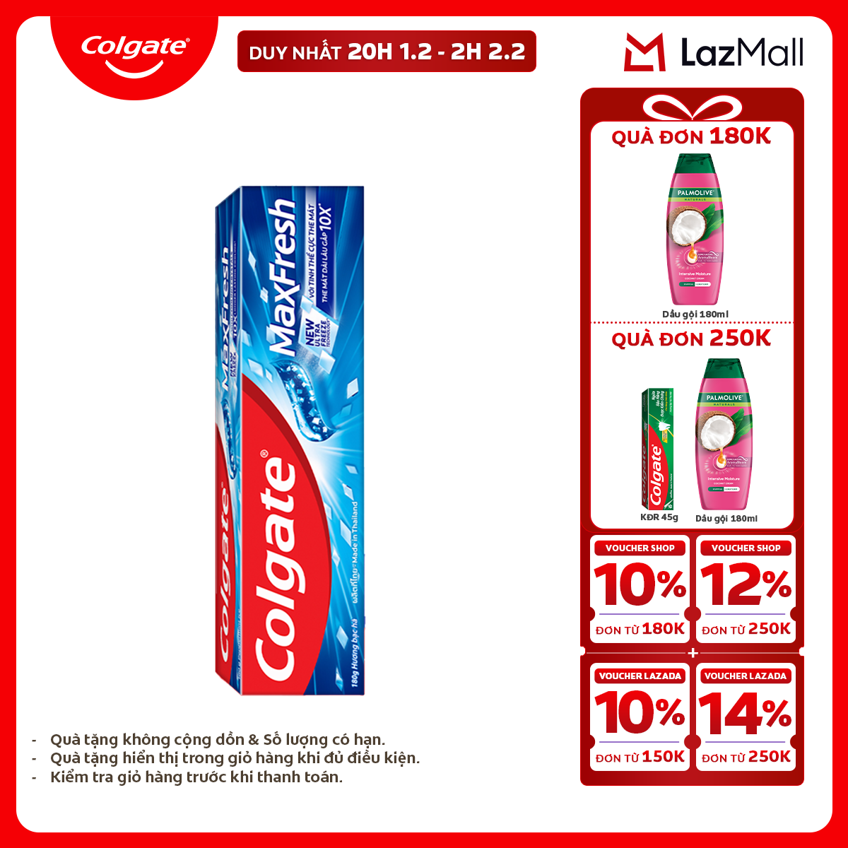 [Chỉ 20H 1.2 - 2H 2.2_X2 Voucher giảm 26%] Kem đánh răng Colgate Maxfresh hương bạc hà the mát 180g/