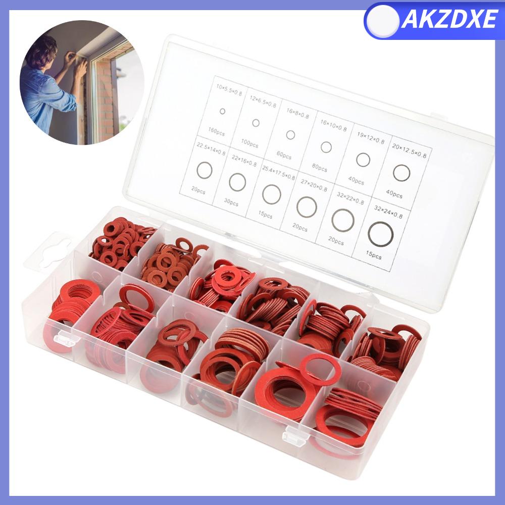AKZDXE 600 PCS 12 kích cỡ khác nhau Bộ vòng đệm phẳng bằng sợi Vật liệu sợi giấy thép đỏ Gioăng sợi vulcan hóa Bộ phụ kiện đệm kín Với hộp lưu trữ bằng nhựa Bộ sản phẩm máy giặt cách nhiệt dành cho các ứng dụng về hệ thống ống nước, ô tô và điện