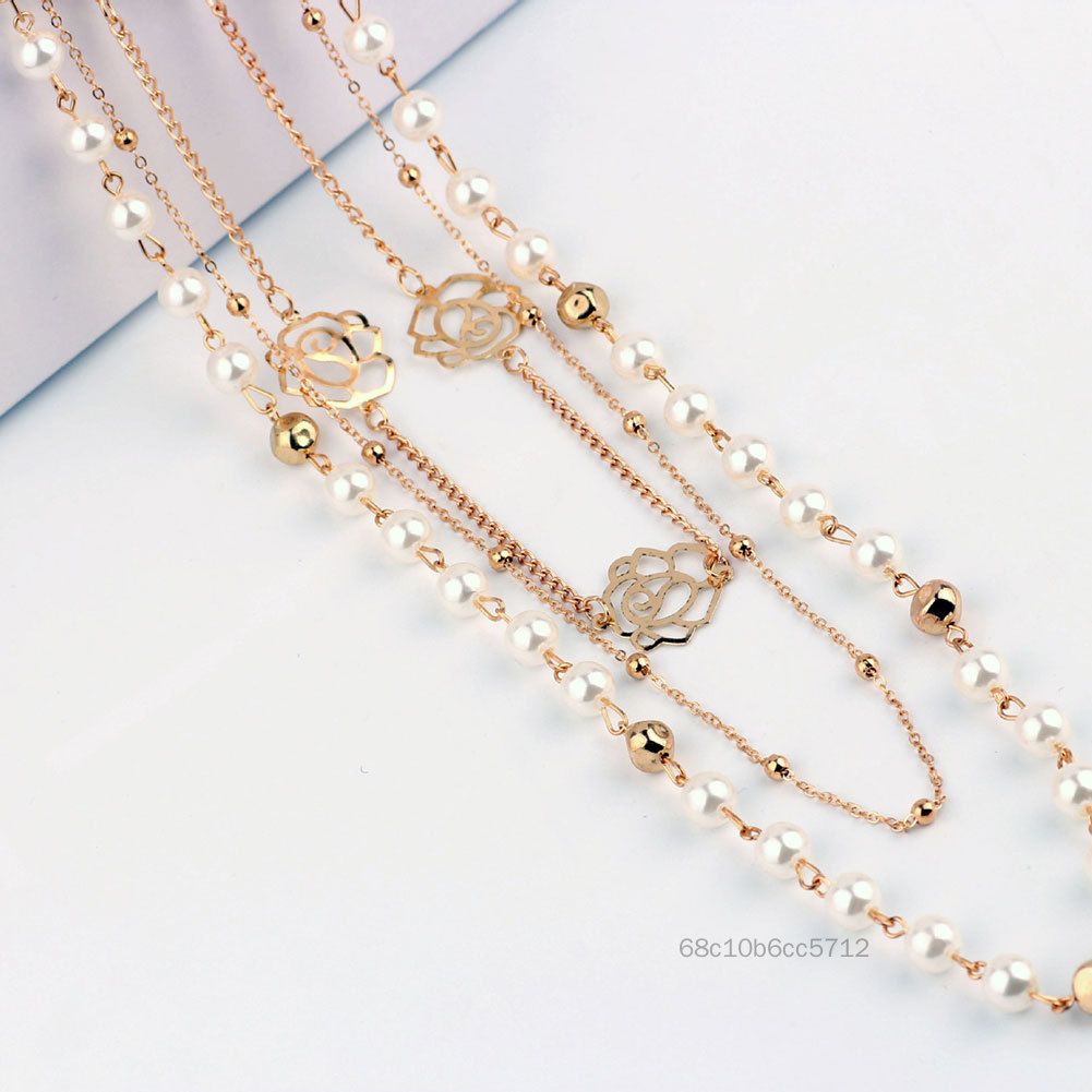 Phụ nữ rhinestone nhiều lớp vòng cổ dài giả ngọc trai dây chuyền dây chuyền trang sức D4-VN