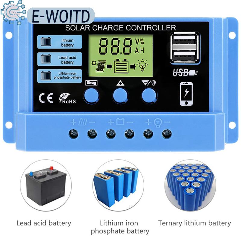 E-WOITD 20A 30A เครื่องควบคุมการชาร์จพลังงานแสงอาทิตย์12V 24V แผงเซลล์แสงอาทิตย์สำหรับรถยนต์ตัวควบคุม PV LCD สำหรับแบตเตอรี่ตะกั่วกรดแบตเตอรี่ลิเธียม USB คู่ ราคา 94 บาท*ส่งฟรี