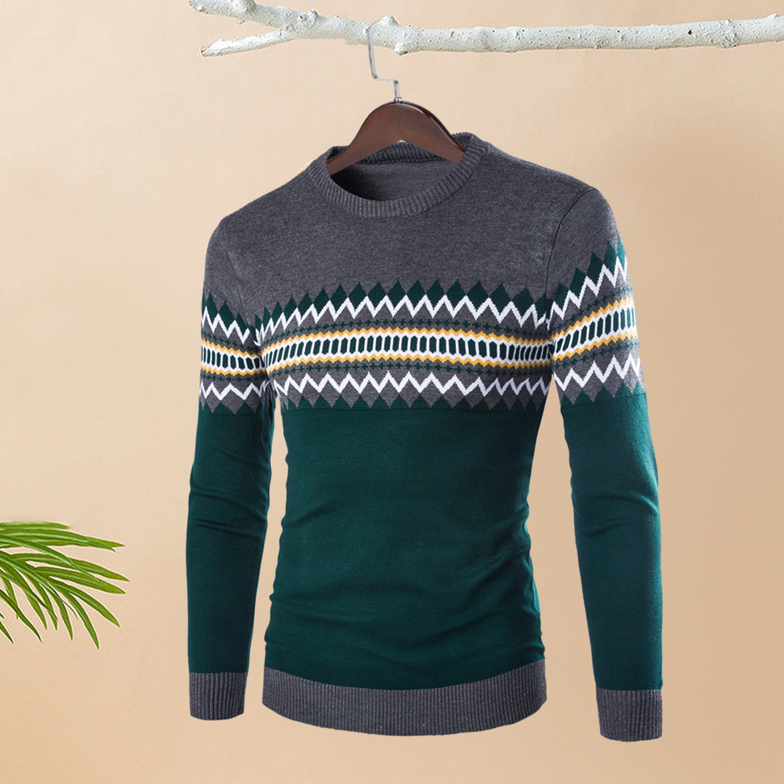 Trendy Round Neck Striped Sweater Men Loose Fit Sweater Men's Winter Sweater Classic Crew Neck Long Sleeve Thick Warm6_voghion.com
