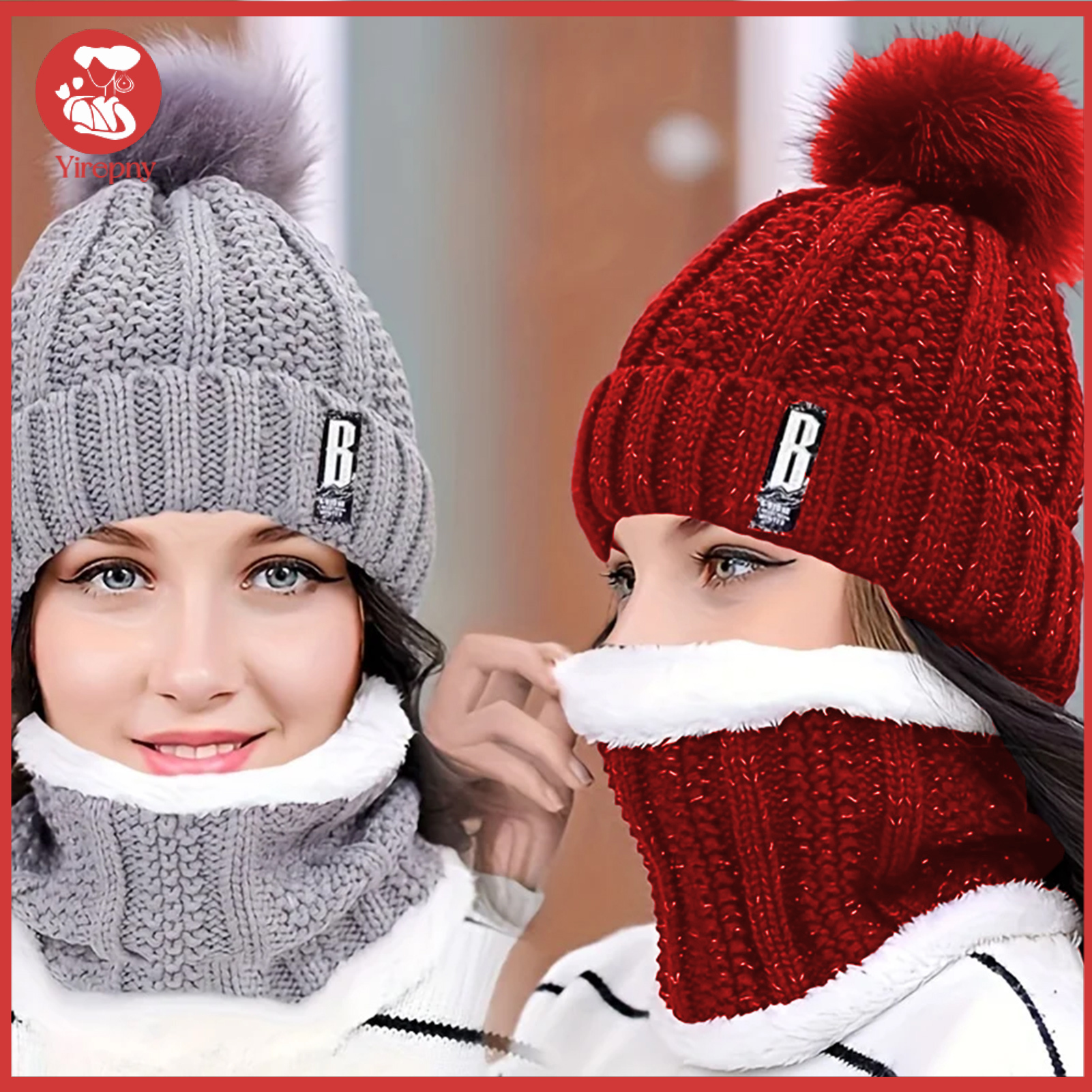 Yirepny 2 Pcs/Set Women Winter Scarf Hat Set Thick Knitted Warm Anti-slip Elastic Windproof Ear Protecting Pom-pom Hat Winter Outdoor Cycling Skiing Neck Warmer Cap Set ราคา 183 บาท*ส่งฟรี