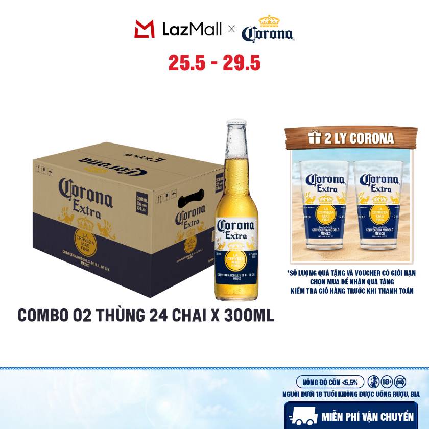 Combo 2 Thùng 24 Chai Bia Corona Extra Nhập Khẩu (300ml/chai)