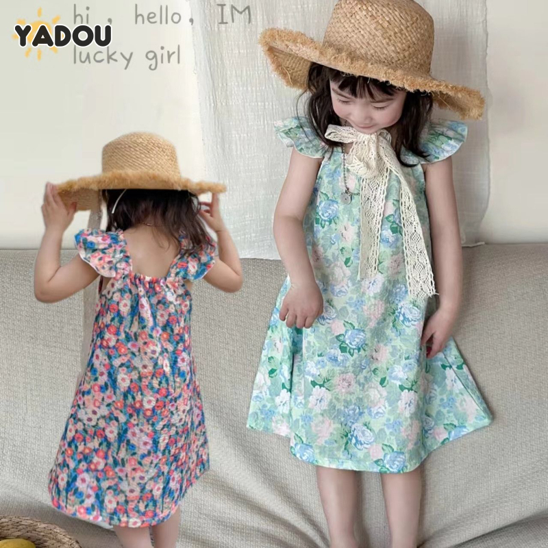 Children's princess dress baby and toddler fashionable pastoral style sleeveless beach print sweet dress ราคา 133 บาท*ส่งฟรี