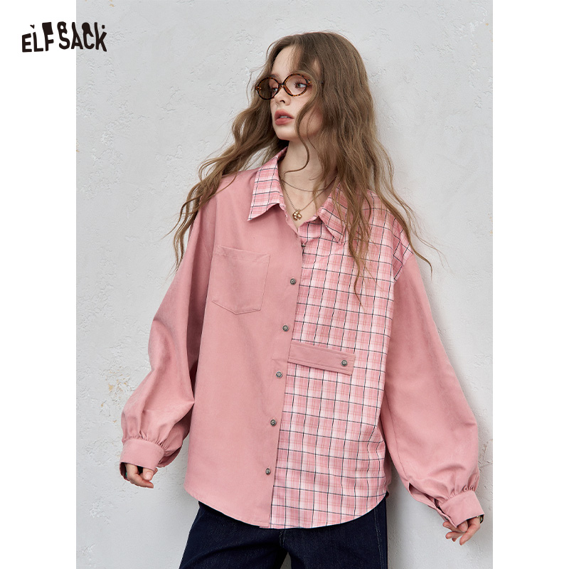 ELFSACK Autumn New Arrival Casual Asymmetric Plaid Shirt Oversized Patchwork Long Sleeve Top For Woman ราคา 1,514 บาท*ส่งฟรี