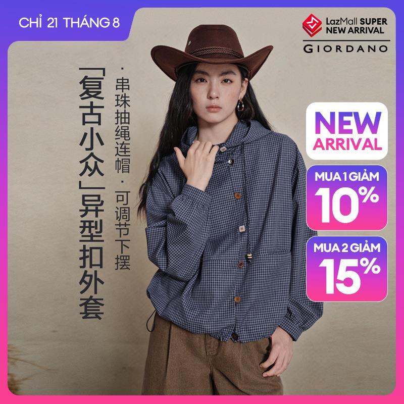 GIORDANO Women Jackets Novelty Buttons Hooded Jackets Loose Fit Beaded Drawstring Fashionable Casual Grid Jackets 18376805