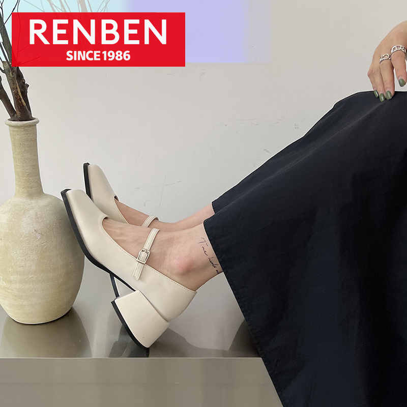  RENBEN Coarse heel single shoes French retro word with Mary Jane single shoes women's high heel square head small leather shoes 
