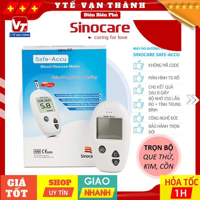✅ [TẶNG QUE, KIM, CỒN] Máy Đo Đường Huyết Sinocare Safe-Accu (+50 Que, 50 Kim, Cồn) -VT0560 - Y Tế Vạn Thành