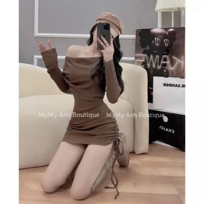 Váy len ôm body trễ vai rút hông
