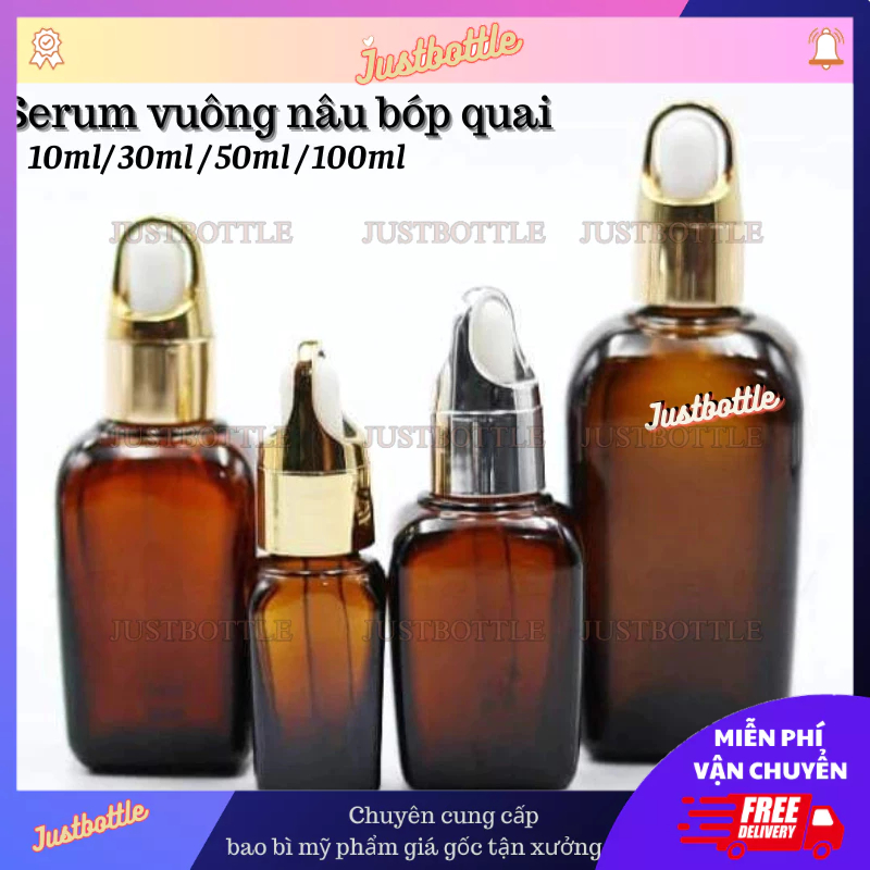 Lọ chiết serum vuông nâu 10ml 30ml 50ml 100ml xịt mũi bóp nhỏ giọt phun sương nắp vặn/chai tinh dầu thủy tinh mỹ phẩm