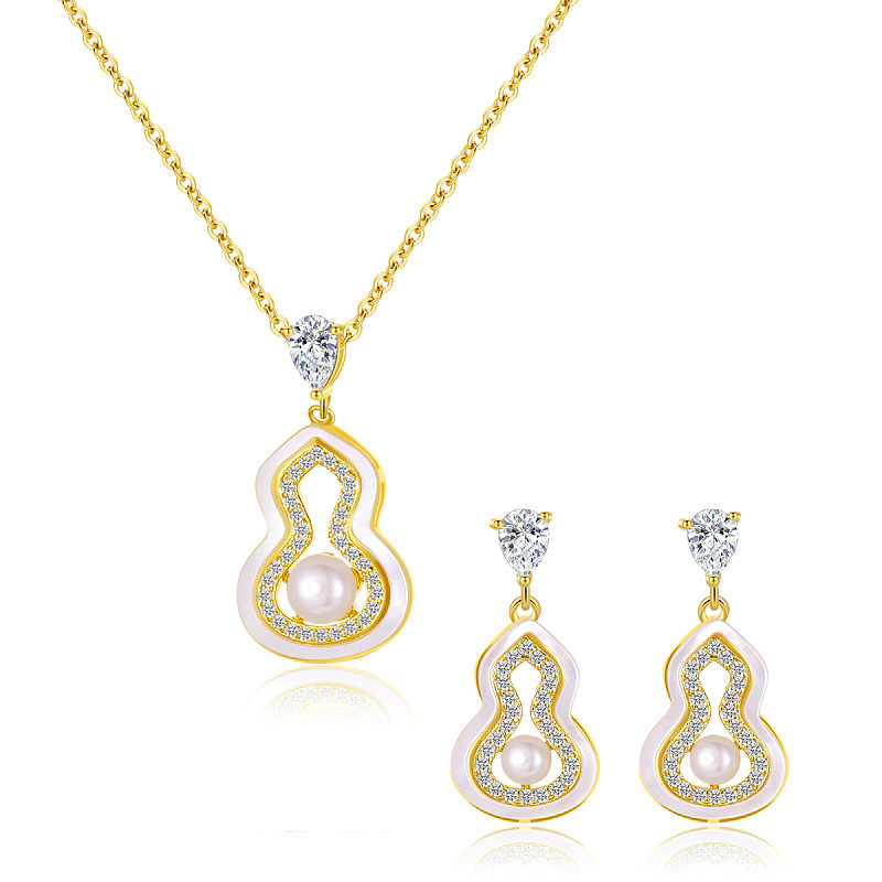 ASIXGOLD K-Gold Jewelry Set Women K Gold, Zircon, Pearls, Auspicious Gourd Necklace Earrings Rings Bracelets Korean Fashion Style Gifts Durable Jewelry For Everyday Wear ราคา 1,079 บาท*ส่งฟรี